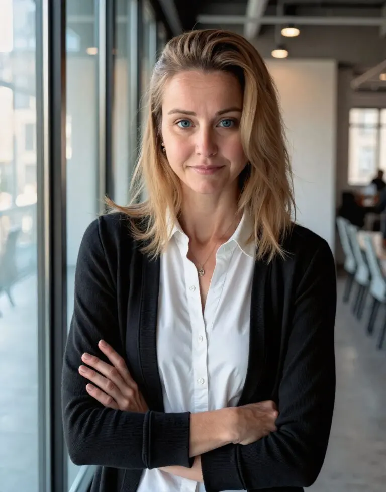 Dr. Jamie Flowers standing with arms crossed in a modern office.