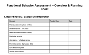 Functional Behavior Assessment Planning Sheet